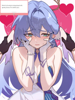 2girls averting_eyes black_gloves blue_hair blush breasts commentary distr dress embarrassed english_commentary face_jewel fan_request gloves grabbing_another&#039;s_wing green_eyes halo halo_behind_head head_wings highres honkai:_star_rail honkai_(series) jewel_under_eye large_breasts long_hair marshmallow_(site) multiple_girls purple_dress request_inset robin_(honkai:_star_rail) solo_focus stelle_(honkai:_star_rail) strapless strapless_dress trailblazer_(honkai:_star_rail) two-tone_dress white_dress white_gloves white_wings wings