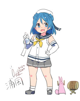 Rule 34 | 1girl, absurdres, blue eyes, blue hair, blush, character name, dated, double bun, donut hair bun, drum, drumsticks, elbow gloves, gloves, grey footwear, grey shirt, hair bun, hat, highres, holding, inica, instrument, kantai collection, medium hair, neckerchief, one-hour drawing challenge, open mouth, pleated skirt, rabbit, sailor hat, school uniform, serafuku, shirt, signature, skirt, sleeves rolled up, socks, urakaze (kancolle), white background, white gloves, white hat, white socks, wind chime, yellow neckerchief