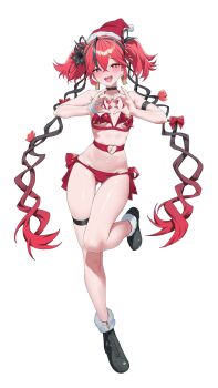 1girl alternate_costume arm_strap black_choker black_flower black_shoes blake_bloom_(wuthering_waves) blush bow camellya_(wuthering_waves) choker commentary_request earrings flower full_body gluteal_fold gold_earrings hair_between_eyes hair_flower hair_ornament hair_vines hands_up hat heart heart_hands highres jewelry korean_commentary looking_at_viewer navel official_alternate_eye_color official_alternate_hair_color open_mouth panties red_bow red_eyes red_hair red_panties rkin santa_hat shoes short_hair short_twintails simple_background smile solo standing standing_on_one_leg stomach tacet_mark_(wuthering_waves) thigh_gap thigh_strap thighs twintails underwear white_background wuthering_waves