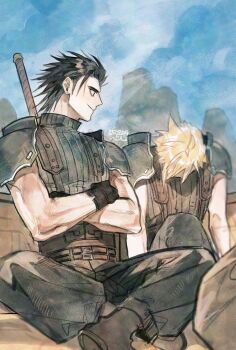 2boys armor baggy_pants belt black_gloves black_hair blonde_hair boots brown_belt cloud_strife crossed_arms dated final_fantasy final_fantasy_vii gloves head_down highres indian_style looking_at_another male_focus motor_vehicle multiple_belts multiple_boys nul outdoors pants pauldrons pickup_truck short_hair shoulder_armor sitting sleeveless sleeveless_turtleneck suspenders truck turtleneck weapon weapon_on_back zack_fair