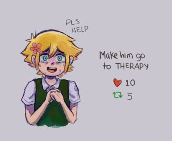 1boy antenna_hair basil_(faraway)_(omori) basil_(omori) blonde_hair blue_eyes collared_shirt crying crying_with_eyes_open double-parted_bangs english_text flower green_sweater_vest grey_background hair_between_eyes hair_flower hair_ornament highres looking_at_viewer male_focus nervous_smile nervous_sweating omori open_mouth rolover10 shirt short_hair sidelocks simple_background smile solo sweat sweater_vest tears teeth tongue twitter upper_body upper_teeth_only white_shirt