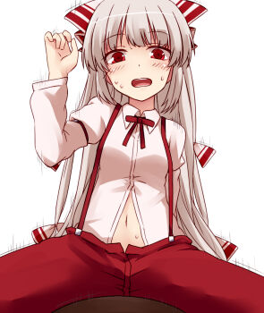 1girl blush bouncing bow cowgirl_position female_focus fujiwara_no_mokou hair_bow hair_ribbon implied_sex long_hair looking_at_viewer midriff miyo_(ranthath) motion_lines navel open_clothes open_mouth open_shirt pants red_eyes ribbon shirt silver_hair simple_background solo straddling suspenders sweat touhou tress_ribbon very_long_hair white_background