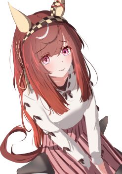 1girl absurdres animal_ears black_pantyhose blush braid breasts brown_hair buena_vista_(casual)_(umamusume) buena_vista_(umamusume) casual checkered_hairband closed_mouth commentary_request eakon_7bit ear_covers hair_between_eyes hairband highres horse_ears horse_girl horse_tail long_sleeves looking_at_viewer medium_breasts pantyhose pink_skirt purple_eyes sitting skirt smile solo sweater tail umamusume wariza white_sweater yellow_hairband