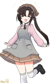 Rule 34 | 1girl, apron, bandana, black boots, black hair, boots, brown bandana, brown skirt, collared shirt, commentary request, facing viewer, feet out of frame, grey apron, highres, kantai collection, nankai (kancolle), one-hour drawing challenge, pink shirt, robinson (day l full), shirt, side ponytail, simple background, skirt, smile, solo, thighhighs, twitter username, white background, white thighhighs