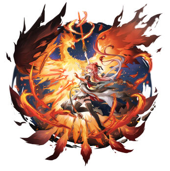 1girl absurdres bad_source bare_shoulders bird black_thighhighs boots breasts changli_(wuthering_waves) closed_mouth colored_extremities dress fire full_body gloves hair_between_eyes hair_ornament high_ponytail highres holding holding_sword holding_weapon long_hair looking_at_viewer multicolored_hair phoenix pink_hair ponytail red_hair smile solo streaked_hair sword thighhighs weapon white_background white_dress white_hair wuthering_waves xinglanchen yellow_eyes