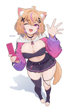 1girl ;d absurdres animal_ears artist_name black_choker black_skirt black_thighhighs breasts choker cleavage commentary english_commentary fangs hand_up highres holding holding_phone indie_virtual_youtuber jacket large_breasts looking_at_viewer melowh multicolored_hair multicolored_jacket one_eye_closed open_mouth orange_hair phone pink_jacket pleated_skirt purple_hair purple_jacket shrug_(clothing) shyrei_faolan simple_background single_thighhigh skirt smile solo standing tail thighhighs thighs toes two-tone_hair virtual_youtuber white_background