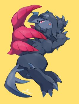 absol animal_focus asymmetrical_horns black_fur black_hair body_fur claws gen_3_pokemon hair_over_one_eye highres horns looking_at_viewer mega_absol_z mega_pokemon nintendo no_humans nullma one_eye_covered pokemon pokemon_(creature) pokemon_focus red_eyes red_wings simple_background solo tail tongue tongue_out uneven_horns wings yellow_background