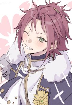 1boy absurdres bangs_pinned_back clenched_teeth commentary_request ensemble_stars! from_above fur_trim green_eyes hair_ornament hairclip highres isara_mao looking_at_viewer male_focus one_eye_closed purple_hair reijiro short_hair smile solo star_(symbol) teeth upper_body white_background