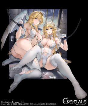 2girls :o angel angel_wings artist_name ass barred_window bars black_border blonde_hair blue_eyes blush border bound braid breasts bridal_lingerie bridal_veil bride chain chained chained_wrists cleavage cloud cloudy_sky copyright_name cuffs dungeon evertale falling_feathers feathered_wings feathers flower frilled_armlet garter_straps gem gem_hair_ornament gloves groin_tendon hair_between_eyes hair_flower hair_intakes hair_ornament hairband highres huge_ass in_cell indoors iron_bars jeanne_d&#039;arc_(evertale) lace lace-trimmed_thighhighs lace_trim large_breasts leotard linea_alba lingerie long_hair looking_at_viewer messy_hair mikaela_(evertale) multiple_girls navel night night_sky no_shoes official_art open_clothes open_leotard outside_border prison prison_cell restrained revealing_clothes rose sage_joh shackles siblings sideboob single_braid sisters sky thighhighs tile_floor tiles underwear veil very_long_hair white_feathers white_flower white_garter_straps white_gemstone white_gloves white_hairband white_leotard white_rose white_thighhighs wings