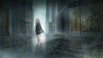 1girl absurdres black_capelet black_dress blue_eyes capelet cityscape dqn_(dqnww) dress full_body hair_ornament hairpin highres indie_virtual_youtuber long_hair long_sleeves noir_(noworld) noworld piano_keys puddle rain virtual_youtuber water_drop wet wet_clothes wet_hair white_hair