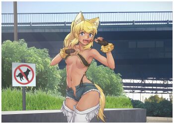 1girl animal_ears blonde_hair blue_eyes breasts collarbone dango dark-skinned_female dark_skin denim denim_shorts facial_mark fangs female_focus fingerless_gloves food gloves grass highres holding leonzo liru medium_breasts navel nipples no_panties open_mouth outdoors renkin_san-kyuu_magical_pokaan short_shorts shorts solo standing tail wagashi whisker_markings wolf_ears wolf_girl wolf_tail