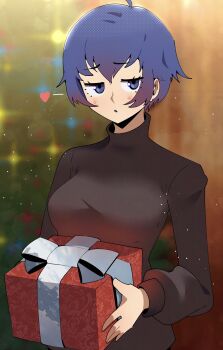 1girl :o absurdres alternate_costume black_sweater blue_eyes blue_hair blush box commentary english_commentary gift gift_box gjh heart highres holding holding_gift long_sleeves looking_at_viewer persona persona_4 shirogane_naoto short_hair solo sweater turtleneck turtleneck_sweater