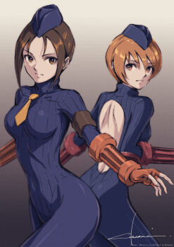 2girls absurdres back_cutout blue_bodysuit bodysuit breasts brown_eyes brown_hair chasai clothing_cutout commentary_request garrison_cap hat highres juli_(street_fighter) juni_(street_fighter) medium_breasts multiple_girls orange_eyes orange_hair shadaloo_dolls street_fighter