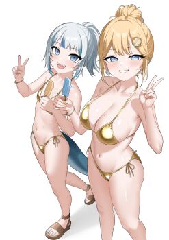 2girls absurdres bikini blonde_hair blue_eyes blunt_bangs blush bracelet breasts cleavage collarbone earrings eyelashes feet fins fish_tail flat_chest food gawr_gura gold_bikini grin hair_bun hair_ornament heart heart_earrings highres holding holding_food holding_popsicle hololive hololive_english jewelry large_breasts loli looking_at_viewer mole mole_on_breast multicolored_hair multiple_girls open_mouth ponytail popsicle raikkonen sandals shark_girl shark_tail sharp_teeth simple_background smile stomach streaked_hair sweat swimsuit tail teeth thighs toes v virtual_youtuber walking watson_amelia white_background white_hair