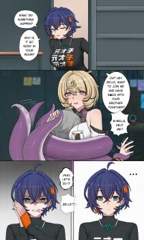 1boy 2girls absurdres belle_(zenless_zone_zero) between_breasts breasts brother_and_sister closed_eyes commentary english_commentary english_text evil_smile headpat highres hug imminent_threesome incest multiple_girls na_(naneesan1) right-to-left_comic siblings smile tentacle_girl tentacle_tail tentacles thiren tongue tongue_out wise_(zenless_zone_zero) yidhari_murphy you_gonna_get_raped zenless_zone_zero