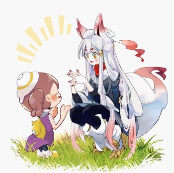 Rule 34 | 2girls, akari (pokemon), animal ears, black pantyhose, black sash, blush, blush stickers, bow, brown hair, closed eyes, cocoa s3, commentary request, ditto, female protagonist (pokemon pokopia), full body, galaxy team survey corps uniform, gen 1 pokemon, grey jacket, hat, highres, hisuian zorua, jacket, long hair, multiple girls, nintendo, open mouth, pants, pantyhose, personification, pokemon, pokemon (creature), pokemon legends: arceus, pokemon pokopia, purple shirt, red bow, red nails, red scarf, sash, scarf, shirt, shoes, short sleeves, smile, squatting, steepled fingers, tail, transformed ditto, twintails, very long hair, white hair, white hat, yellow shoes