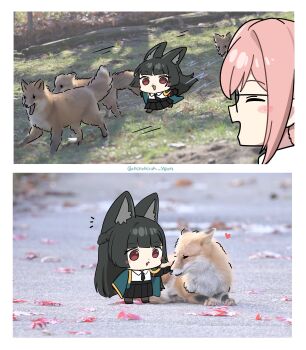 2girls absurdres animal_ear_fluff animal_ears black_hair blunt_bangs blush chibi closed_eyes fox fox_ears fox_girl highres hoshimi_miyabi long_hair multiple_girls ooyun open_mouth outdoors pink_hair red_eyes sidelocks smile tsukishiro_yanagi zenless_zone_zero