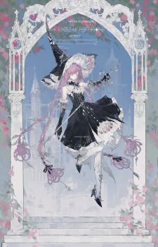 Rule 34 | 1girl, absurdres, armpit crease, black gloves, braid, closed mouth, colored skin, commission, dress, elbow gloves, eyelashes, flower, frills, full body, gem, gloves, hat, hat flower, hat ornament, high heels, highres, holding, holding sword, holding weapon, jewelry, large hat, long hair, mihuashi commission, original, pantyhose, pink eyes, pink flower, pink gem, pink hair, pink rose, ring, rose, shen a fang, shoes, sidelocks, solo, sword, very long hair, watermark, weapon, white pantyhose, white skin, witch, witch hat