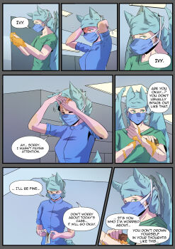 bat_wings comic furry furry_female furry_male highres hospital ivy_the_wolfcat justamedicalbat mask medical_scrubs mouth_mask original shiky_the_bat speech_bubble surgical_cap surgical_mask washing_hands wings