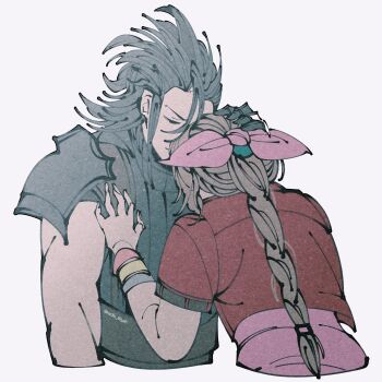 1boy 1girl aerith_gainsborough armor black_hair black_sweater bracelet braid braided_ponytail brown_hair closed_eyes commentary dress english_commentary final_fantasy final_fantasy_vii final_fantasy_vii_remake hair_ribbon hair_slicked_back hand_on_another's_head heads_together highres jacket jewelry leaning_on_person long_hair nadia_alsyah pink_dress pink_ribbon ponytail red_jacket ribbed_sweater ribbon short_sleeves shoulder_armor simple_background sleeveless sleeveless_turtleneck spiked_hair sweater turtleneck turtleneck_sweater upper_body zack_fair