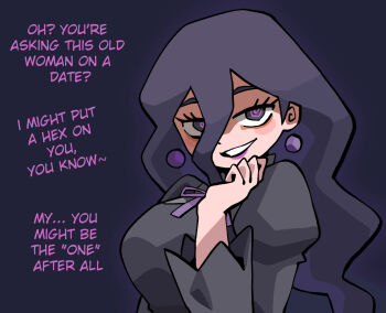 1girl @_@ black_dress black_hair breasts curled_fingers dress earrings english_text grin hair_between_eyes half-closed_eyes hand_to_own_mouth hand_up hex_maniac_(pokemon) hex_maniac_(pokemon_legends:_z-a) highres jewelry juliet_sleeves large_breasts lipstick long_hair long_sleeves looking_at_viewer makeup neck_ribbon nintendo notus_49 parted_lips pokemon pokemon_legends:_z-a puffy_sleeves purple_eyes purple_lips purple_ribbon ribbon seductive_smile smile solo sphere_earrings teasing upper_body