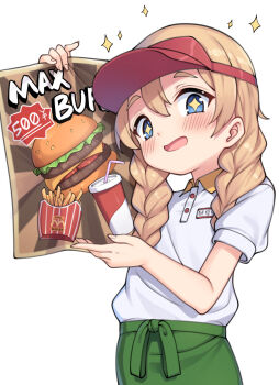 Rule 34 | + +, 1girl, blonde hair, blue eyes, blush, braid, burger, cheese, collared shirt, cup, disposable cup, drinking straw, employee uniform, fast food uniform, flyer, food, french fries, highres, holding flyer, isinose (ilxodidli), k-on!, kotobuki tsumugi, name tag, open mouth, price, shirt, shirt tucked in, simple background, solo, sparkle, twin braids, visor cap, white background