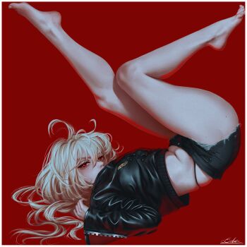 1girl absurdres barefoot bekus black_jacket black_panties black_shorts blonde_hair border commentary cropped_jacket denim denim_shorts feet from_side highleg highleg_panties highres jacket leather leather_jacket legs legs_up long_hair long_sleeves looking_at_viewer luciana_de_montefio midriff panties panties_under_shorts red_background red_eyes short_shorts shorts simple_background socks solo toes underwear white_border zenless_zone_zero