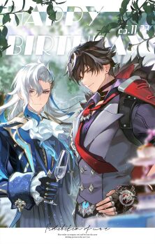 Rule 34 | 2boys, absurdres, ascot, asymmetrical bangs, bandaged neck, bandages, black bandages, black gloves, black hair, blue coat, blue eyeliner, blue eyes, blue gemstone, blue hair, closed mouth, coat, coat on shoulders, commentary, earrings, eyeliner, fingerless gloves, fur-trimmed coat, fur trim, gem, genshin impact, gloves, grey hair, grey pants, grey vest, highres, holding, jewelry, lapels, long hair, looking at viewer, makeup, male focus, multicolored hair, multiple boys, necktie, neuvillette (genshin impact), pants, red necktie, rin (chenirin2), shirt, short hair, smile, streaked hair, stud earrings, symbol-only commentary, vest, white ascot, white hair, wriothesley (genshin impact)