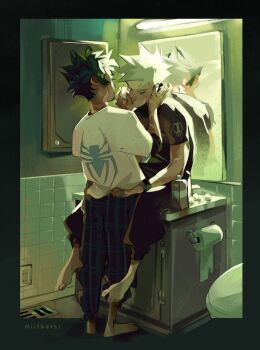 Rule 34 | 2boys, animal print, artist name, baggy pants, bakugou katsuki, barefoot, bathroom, black pants, black shirt, blonde hair, boku no hero academia, closed eyes, facial scar, full body, green hair, hand in another's hair, hands on another's waist, highres, male focus, midoriya izuku, miithers, mirror, multiple boys, pants, plaid clothes, plaid pants, print shirt, scar, scar on arm, scar on cheek, scar on face, scar on neck, shirt, short hair, skull print, spider print, spiked hair, toilet paper, washing another, watch, white shirt, wristwatch, yaoi