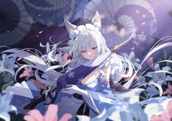 Rule 34 | 1girl, animal ears, blue eyes, breasts, cleavage, flower, fox ears, fox girl, gloves, hair flower, hair ornament, highres, holding, holding umbrella, large breasts, long hair, maid headdress, mole, mole under eye, official art, otoha (stella sora), solo, stella sora, third-party source, umbrella, white gloves, white hair