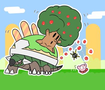 Rule 34 | :o, apple, blue sky, bourbon (kirby), bright pupils, closed mouth, cloud, commentary request, company connection, crossover, day, dot mouth, flat color, flying sweatdrops, food, fruit, gen 4 pokemon, gordo, highres, kirby, kirby (series), motion blur, motion lines, nintendo, open mouth, outdoors, outline, pointy nose, pokemon, pokemon (creature), red eyes, redny, running, sky, spikes, torterra, tree, whispy woods, white outline, white pupils