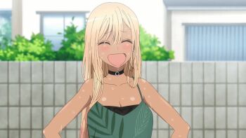 1girl 2022 20s animated animated_gif bare_shoulders black_shirt blonde_hair breasts choker cleavage closed_eyes collarbone dark-skinned_female dark_skin green_vest gyaru kitagawa_marin large_breasts leaf_print long_hair navel no_bra shirt sidelocks smile solo sono_bisque_doll_wa_koi_wo_suru sweat tagme tan tanned_body vest