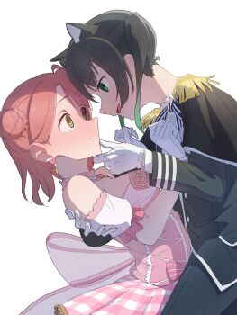 2girls @_@ animal_ears bare_shoulders black_cape black_hair black_jacket black_pants black_ribbon braid bun_with_braided_base cape cat_ears cat_girl commentary detached_sleeves dress epaulettes eye_contact fang frilled_shirt frills gentle_nyangasaki gloves gradient_hair green_eyes green_hair hair_bun hand_on_another&#039;s_chin hashtag-only_commentary highres jacket kemonomimi_mode lone_nape_hair long_sleeves looking_at_another love_live! love_live!_nijigasaki_high_school_idol_club medium_hair mochi_(znkn4524) multicolored_hair multiple_girls neck_ribbon official_alternate_costume pants pink_dress pink_hair profile ribbon shirt short_sleeves simple_background single_side_bun strapless strapless_dress striped_ribbon takasaki_yu twintails uehara_ayumu white_background white_gloves white_shirt yellow_eyes yume_e_no_ippo yuri