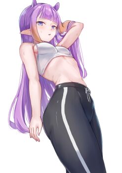 1girl absurdres alternate_costume arm_up black_pants breasts commentary cropped_shirt highres hololive hololive_english long_hair looking_at_viewer ninomae_ina&#039;nis pants pointy_ears purple_eyes purple_hair shirt small_breasts solo tentacle_hair user_dwfx8458 very_long_hair virtual_youtuber white_background white_shirt