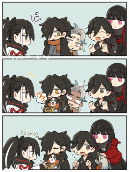 2girls 3boys angry black_hair black_kimono black_ribbon black_scarf blue_background blue_hair blue_streaks brown_eyes brown_scarf character_request chibi chibi_only closed_eyes closed_mouth dialogue_box dog fate/grand_order fate_(series) flower_symbol hiding hiding_behind_another high_ponytail highres jacket japanese_clothes katsu_kaishuu_(fate) kimono long_bangs long_hair low_ponytail medium_hair misuko_(sbelolt) multicolored_hair multiple_boys multiple_girls old old_man open_mouth petting pink_eyes ponytail red_jacket red_ribbon ribbon scared scarf simple_background streaked_hair sweatdrop two-tone_hair white_eyes white_hair white_streaks yellow_ribbon