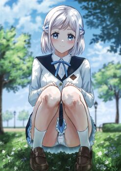 1girl blue_eyes blue_ribbon blue_sky blurry blurry_background blush braid brown_shoes closed_mouth cloud commentary_request crotch_seam day gakuen_idolmaster grass grey_hair hair_ribbon half_up_braid hands_on_own_knees highres idolmaster jacket katsuragi_lilja light_smile loafers looking_at_viewer neck_ribbon outdoors panties pantyshot park rapnit revision ribbon ribbon_braid shirt shoes short_hair sky smile socks solo split_mouth squatting tareme tree underwear variant_set white_jacket white_panties white_shirt white_socks