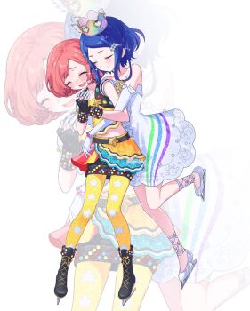 2girls :d ayase_naru bare_shoulders black_shoes blue_hair closed_eyes commentary_request crown crying dress elbow_gloves full_body gloves heart highres hug hug_from_behind ice_skates miniskirt multiple_girls mung_hie open_mouth pantyhose pink_hair pretty_rhythm pretty_rhythm_rainbow_live pretty_series rinne_(pretty_rhythm) shirt shoes short_dress short_hair skates skirt smile standing standing_on_one_leg star_(symbol) star_print tears white_dress white_gloves white_shoes yellow_pantyhose yellow_shirt zoom_layer