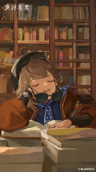 1girl absurdres blue_dress blue_neckerchief book book_stack bookshelf bookstore brown_hair newsboy_cap closed_eyes copyright_name copyright_notice crooked_eyewear dress drooling elbow_rest hand_on_own_cheek hand_on_own_face hat head_rest highres indoors jacket ladder logo long_sleeves neckerchief official_art official_wallpaper open_book open_mouth polka_dot_neckerchief puffy_long_sleeves puffy_sleeves red_jacket regulus_(reverse:1999) reverse:1999 shop short_hair sleeping sleeping_upright solo sunglasses upper_body watch wristwatch