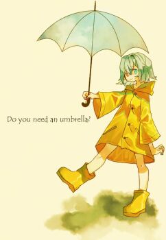 1girl blue_eyes blue_hair boots commentary_request english_text full_body grey_umbrella heterochromia holding holding_umbrella looking_at_viewer one-hour_drawing_challenge raincoat red_eyes rubber_boots shinjitsu_no_kuchi short_hair smile solo standing tatara_kogasa touhou umbrella yellow_boots yellow_raincoat