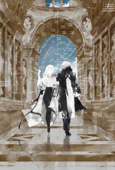 1girl 1other ambiguous_gender architecture arknights black_shoes blue_sky coat doctor_(arknights) fine_art_parody full_body galaxy highres hood hood_up hooded_coat indoors map open_clothes open_coat paopp9961 parody partially_colored pointing pointing_up priestess_(arknights) reflective_floor screentones shoes short_hair side-by-side sky the_school_of_athens walking white_shoes