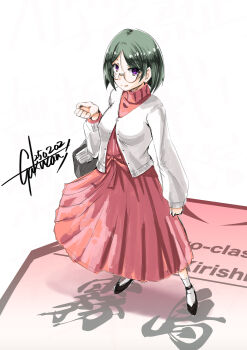 Rule 34 | 1girl, alternate costume, black hair, bob cut, casual, character name, commentary request, dated, dress, full body, gakuzan, glasses, grey hair, highres, jacket, kantai collection, kirishima (kancolle), red dress, short hair, signature, simple background, solo, white background, white jacket
