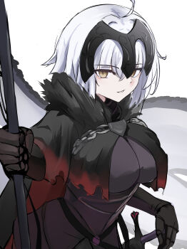 1girl absurdres armor armored_dress black_cloak black_dress breasts chain cloak collar commentary_request dress fate/grand_order fate_(series) faulds flag fur-trimmed_cloak fur_trim gauntlets grey_hair headpiece highres jeanne_d'arc_alter_(avenger)_(fate) jeanne_d'arc_alter_(fate) large_breasts looking_at_viewer metal_collar plackart polearm short_hair solo weapon yellow_eyes yugusan5