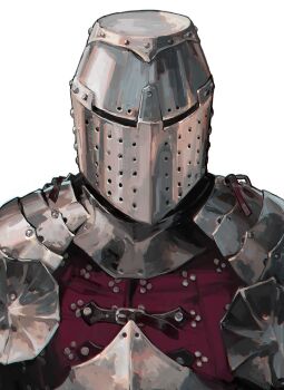 1other aoin armor commentary_request covered_face facing_viewer gambeson gorget great_helm helm helmet knight original pauldrons plackart portrait rivets rondel shoulder_armor simple_background solo white_background