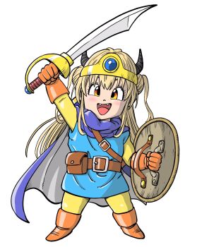Rule 34 | 1girl, belt pouch, black horns, blonde hair, boots, cape, circlet, commentary request, cosplay, dragon quest, dragon quest iii, fangs, full body, gloves, hero (dq3), hero (dq3) (cosplay), highres, hizuki kanon, holding, holding shield, holding sword, holding weapon, horns, indie virtual youtuber, lee (dragon garou), open mouth, orange boots, orange eyes, orange gloves, pouch, purple cape, shield, smile, solo, sword, two-sided cape, two-sided fabric, two side up, virtual youtuber, weapon