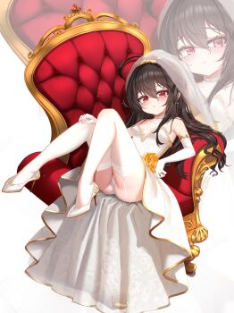 1girl absurdres armchair black_hair blush breasts bridal_gauntlets chair commission dress earrings eyebrows_hidden_by_hair flower full_body garter_belt hair_between_eyes hand_on_own_knee high_heels highres jewelry kiari_art knees_up large_variant_set long_hair looking_at_viewer multiple_views open_mouth original panties pantyshot red_eyes ring shoes simple_background sitting small_breasts stiletto_heels thighhighs underwear variant_set veil wedding_dress white_panties white_shoes white_thighhighs white_veil