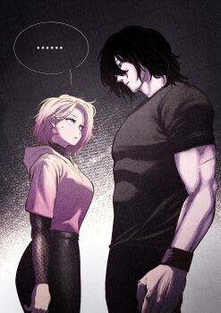 Rule 34 | ..., 1boy, 1girl, absurdres, aged up, bad id, bad twitter id, black hair, blonde hair, earrings, gender transitioning, height difference, highres, hood, hoodie, jewelry, layered sleeves, logan (allenhara), long hair, long sleeves, medium hair, multicolored hair, muscular, muscular male, original, pink hair, sasha (allenhara), short over long sleeves, short sleeves, speech bubble, surprised, undershirt, watermark, watermark grid, xi buang