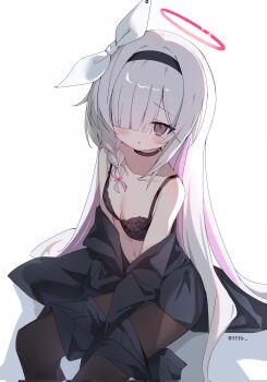 1girl bare_shoulders black_bra black_choker black_coat black_eyes black_hairband black_pantyhose black_skirt blue_archive blush bra braid breasts choker clothes_pull coat coat_partially_removed collarbone colored_inner_hair dot_nose hair_between_eyes hair_over_one_eye hair_ribbon hairband halo highres loli long_hair long_sleeves looking_at_viewer multicolored_hair navel off_shoulder on_ground one_eye_covered open_mouth pantyhose pink_hair pink_halo plana_(blue_archive) red_halo red_pupils ribbon simple_background single_braid sitting skirt skirt_pull small_breasts solo tttlr twitter_username underwear very_long_hair white_background white_hair white_ribbon