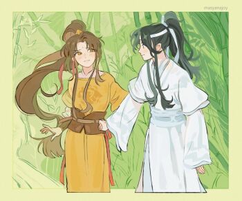 2boys artist_name bamboo bamboo_forest belt black_eyes black_hair blush border bracer brown_belt brown_eyes brown_hair chinese_clothes closed_mouth commentary cowboy_shot english_commentary eye_contact forest frown green_border hair_ornament hair_ribbon hanfu headband high_ponytail highres holding_hands jin_ling lan_sizhui layered_sleeves long_hair long_sleeves looking_at_another male_focus masyanajoy modao_zushi multiple_boys nature open_mouth outdoors outside_border parted_bangs ponytail profile red_ribbon ribbon short_over_long_sleeves short_sleeves smile standing very_long_hair white_belt white_hanfu white_headband wide_sleeves xiao_guan_(headdress) yaoi yellow_hanfu