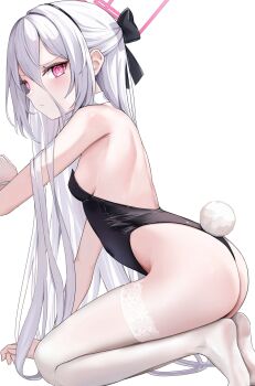 Rule 34 | 1girl, @ @, alternate costume, black hairband, black leotard, blue archive, blush, breasts, commentary, covered navel, detached collar, fake tail, hair between eyes, hairband, half updo, halo, highleg, highleg leotard, highres, kei (blue archive), kei (new body) (blue archive), kneeling, lace, lace-trimmed thighhighs, lace trim, leotard, long hair, long hair between eyes, looking at viewer, looking to the side, pink eyes, pink halo, playboy bunny, rabbit tail, rectangular halo, red eyes, shawn358, sideboob, simple background, small breasts, solo, strapless, strapless leotard, tail, thighhighs, very long hair, white background, white hair, white thighhighs