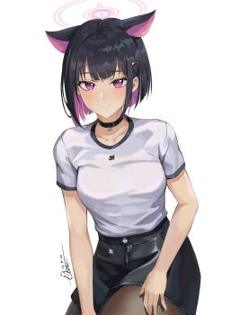 Rule 34 | 1girl, animal ears, arms at sides, black choker, black hair, black shorts, blue archive, bob cut, breasts, cat ears, choker, closed mouth, colored inner hair, commentary, cowboy shot, dated, highres, kazusa (blue archive), looking at viewer, multicolored hair, pink eyes, shirt, shirt tucked in, short hair, short shorts, short sleeves, shorts, simple background, solo, t-shirt, tiger june, white background, white shirt